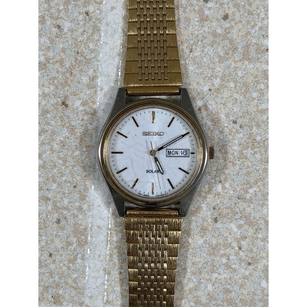 Seiko Solar Quartz SNE032 Two Tone Stainless Steel Gold White Dial